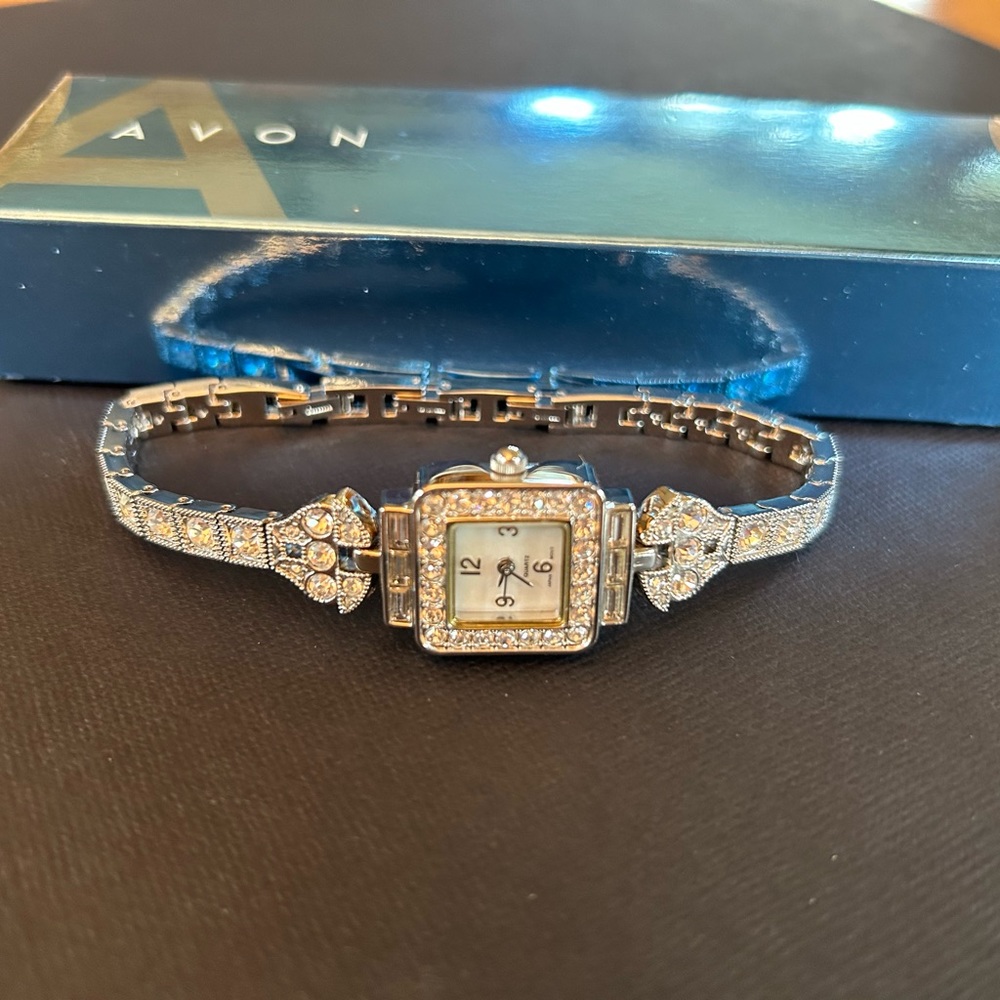 Vintage Avon rhinestone watch, Art Deco style, quartz, new in box, needs battery